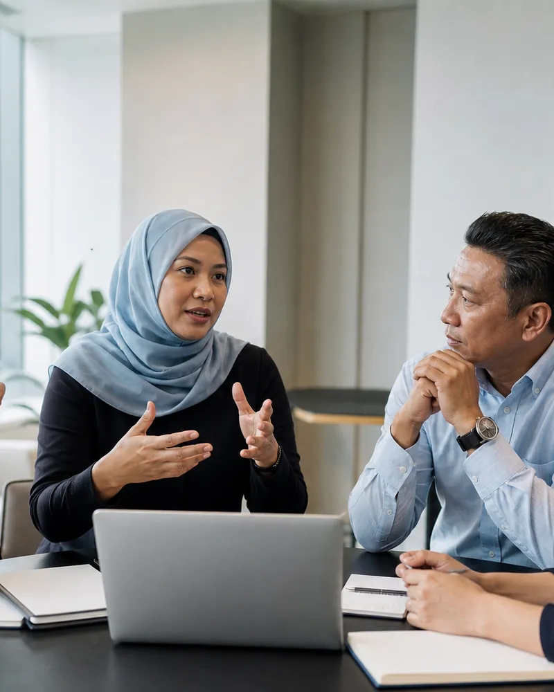 Four Southeast Asian professionals discussing a business and technology question in a small-group learning session