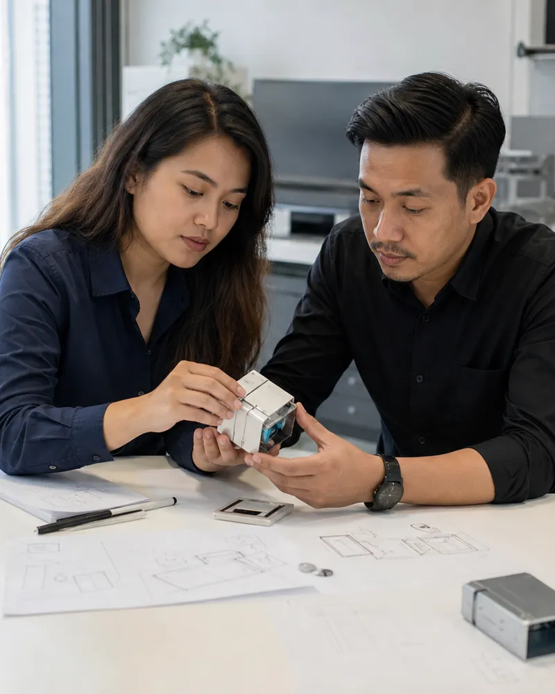 Two Southeast Asian technology professionals examining an early physical prototype in a bright studio